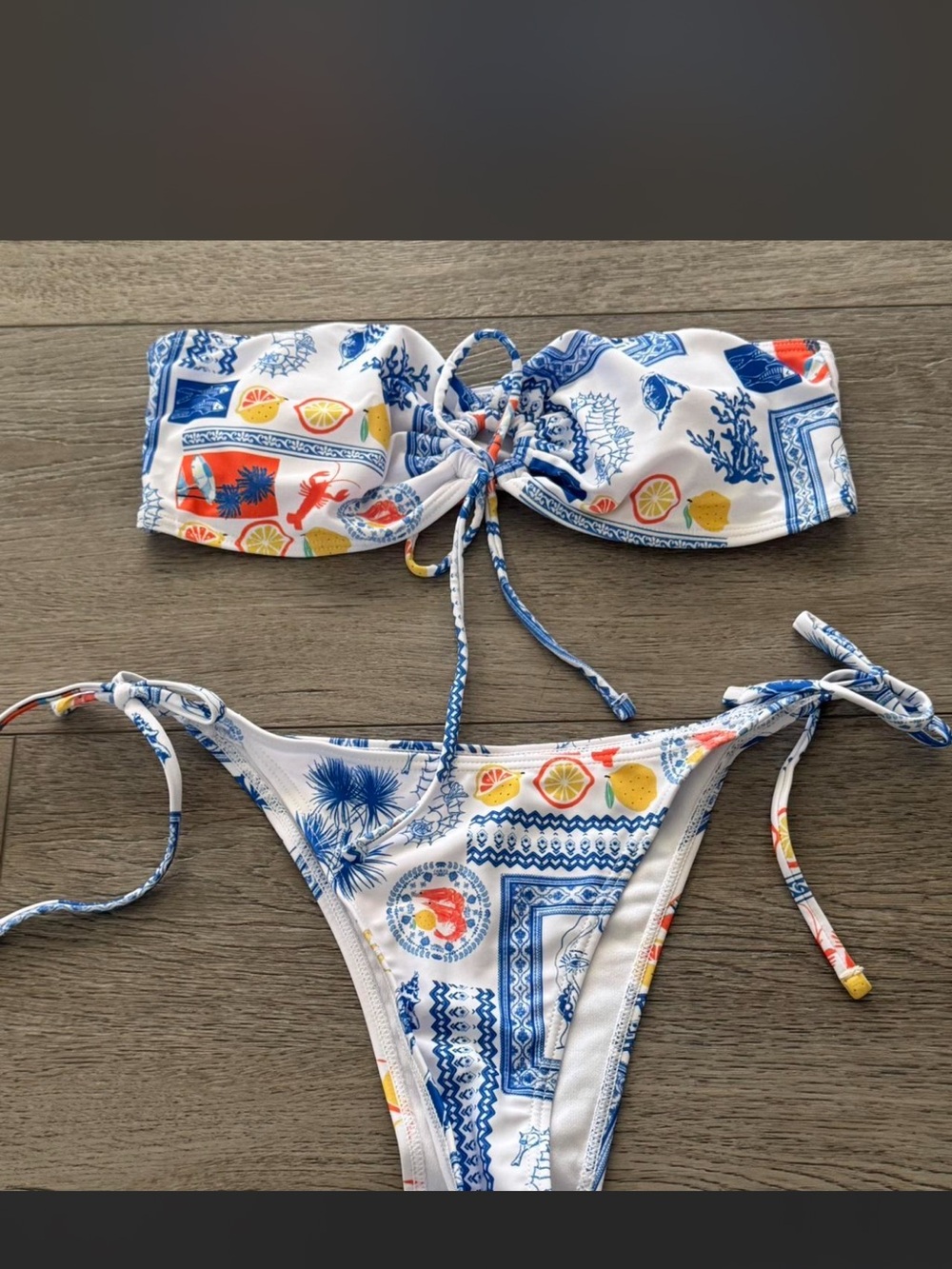 White & Blue Patterned Bandeau Bikini with Citrus Accents - Women